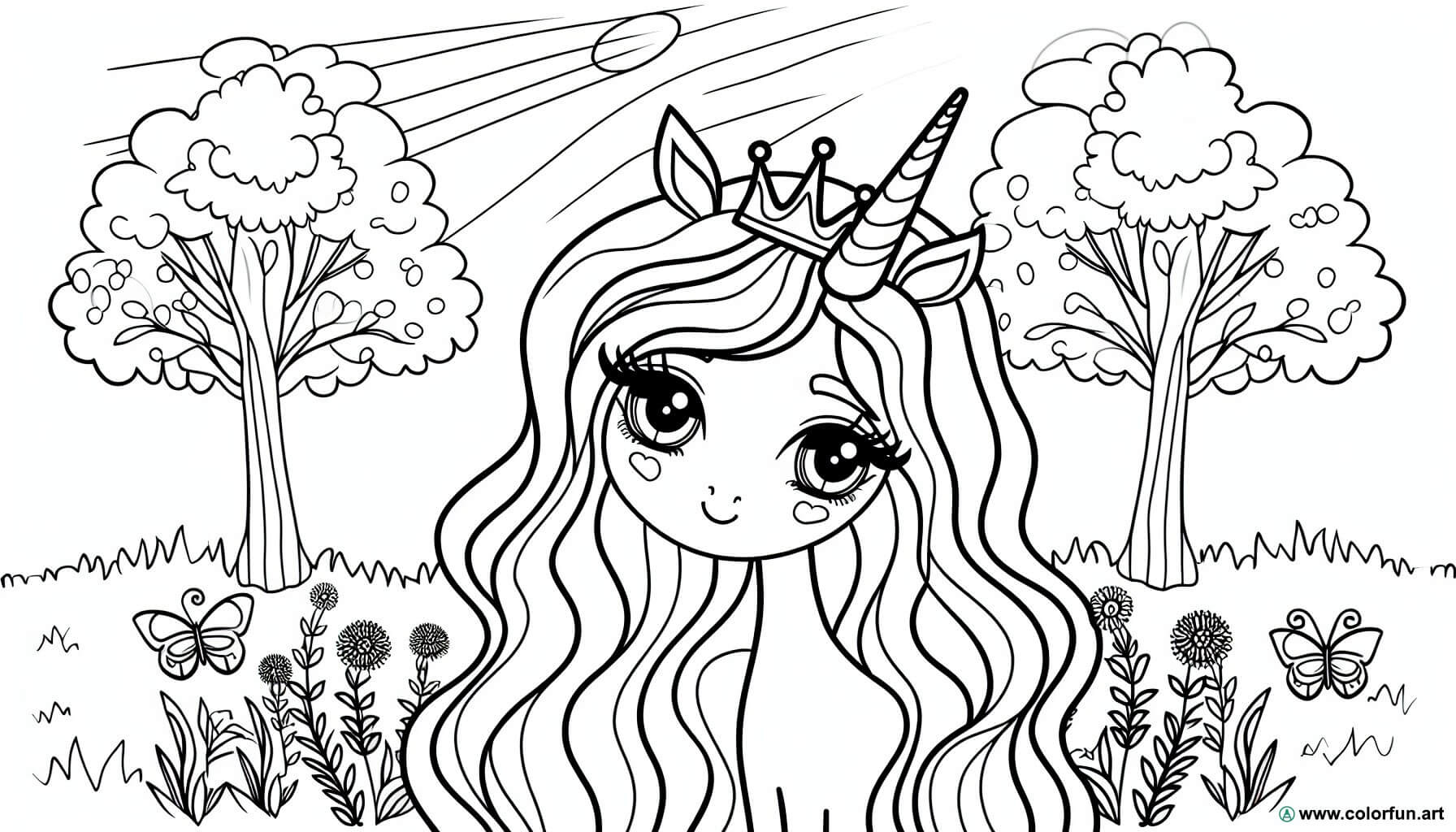 planșă de colorat prințesă unicorn în pădure