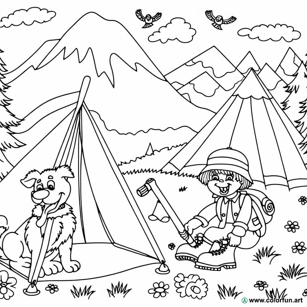 planșă de colorat camping munte