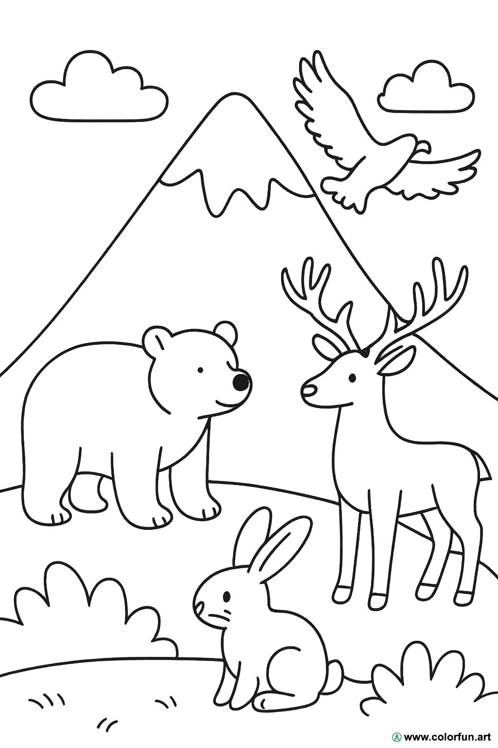 planșă de colorat munte animale sălbatice