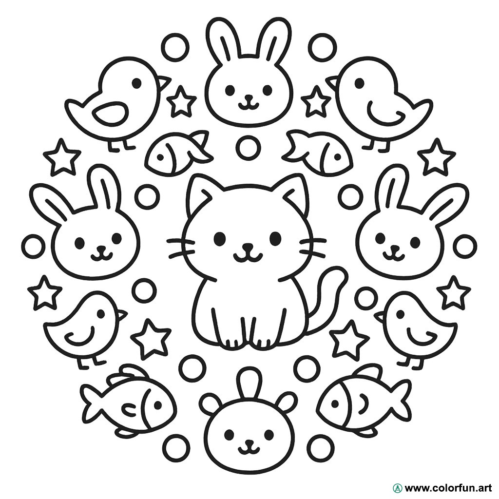 planșă de colorat mandala animale drăguțe de împărtășit